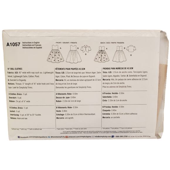 Simplicity A1057 American Girl 18" Doll Party Dress Sewing Pattern CUT Vintage - Picture 2 of 6